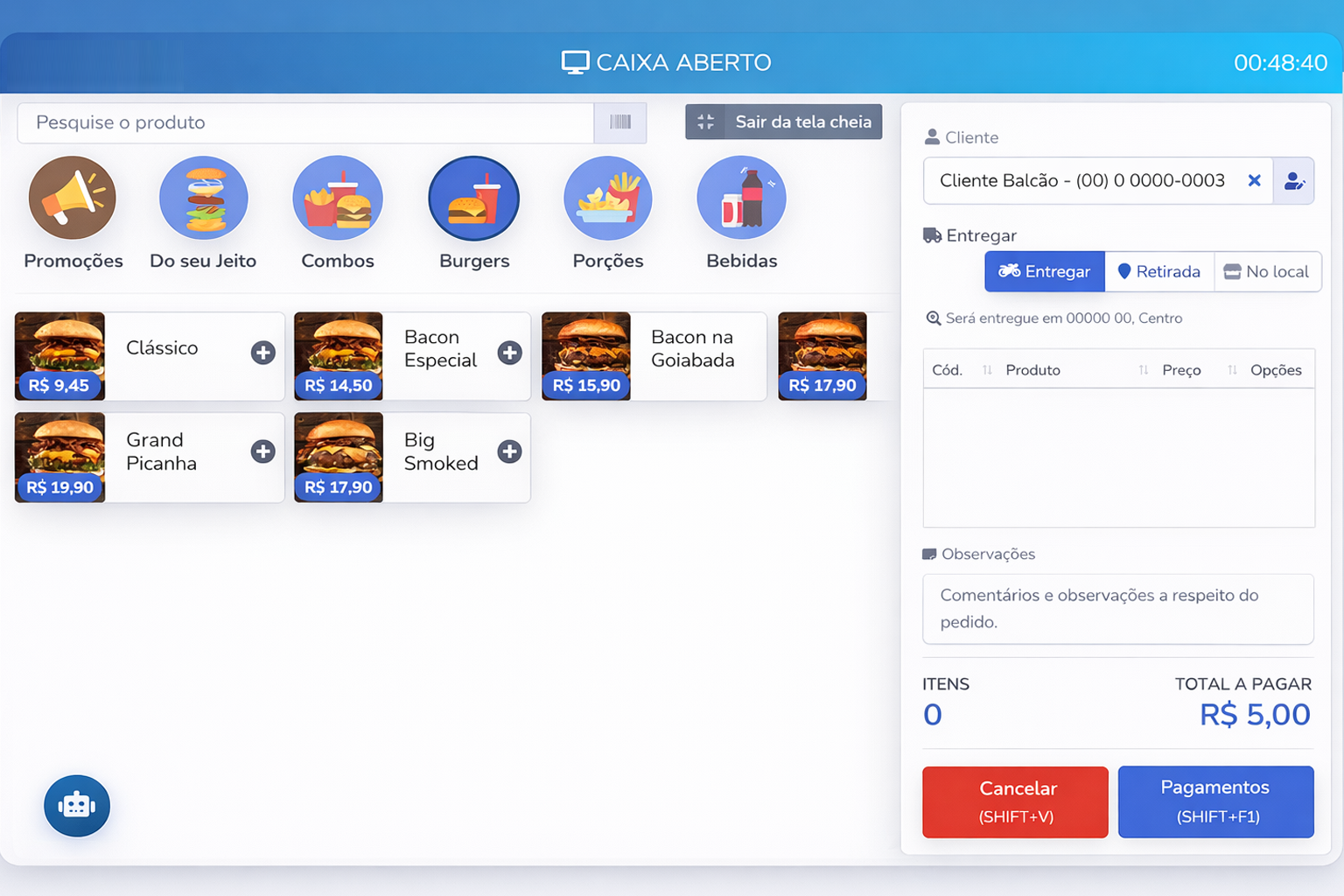 Tela de pedidos do sistema NuComercio 